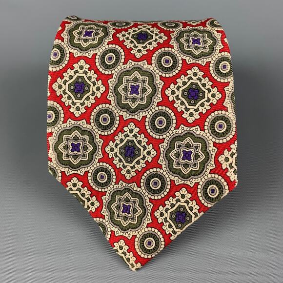 POLO by RALPH LAUREN Red Cream Green Silk Tie - Picture 1 of 5